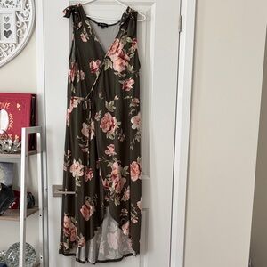 Floral Olive High-Low Wrap Dress with Pink Rose Print
